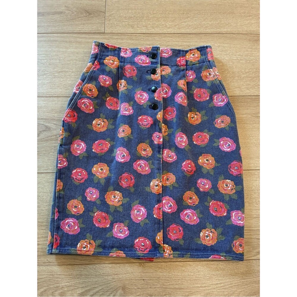 Vintage Ungaro Ter Denim Faded Floral Button High Waisted Mini Skirt Size 4